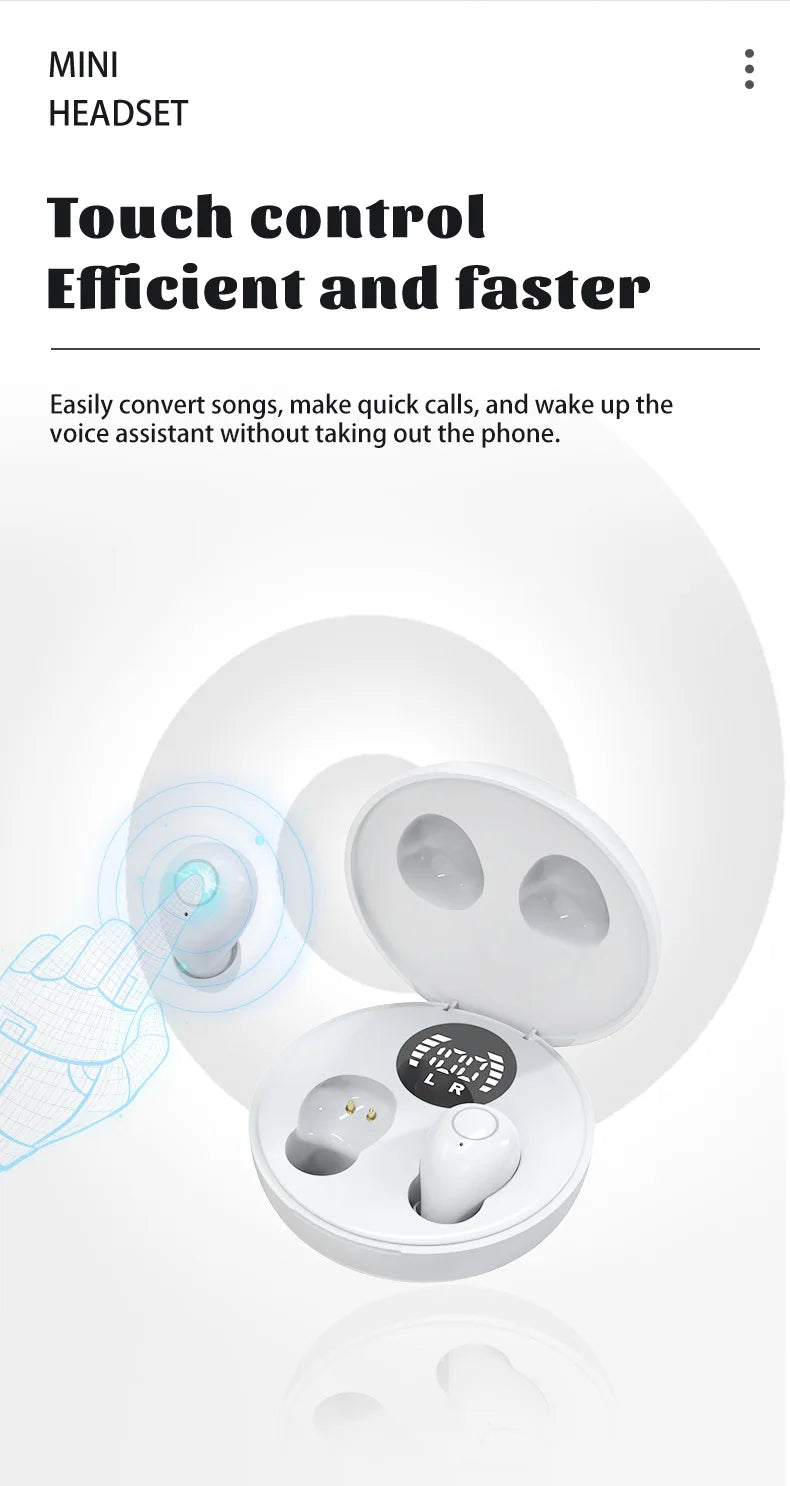 Un auricular mini blanco con sus componentes de auriculares visibles, demostrando funciones de control táctil.