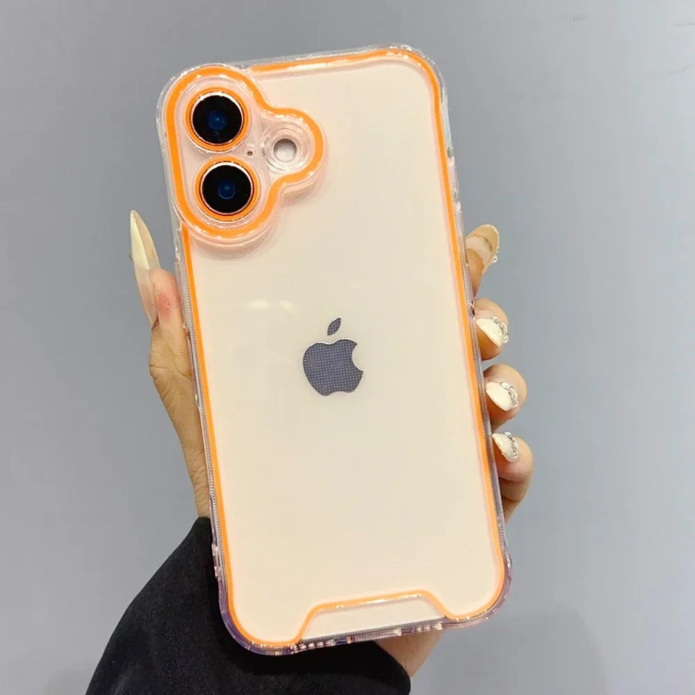 A hand holds a luminous neon clear phone case for an iPhone, featuring a light yellow background and Apple logo.