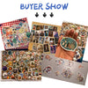 A hand holds a collection of psychedelic alien and leaf stickers, including photos and various designs.