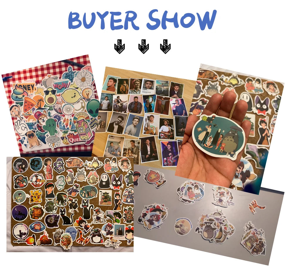 A hand holds a collection of psychedelic alien and leaf stickers, including photos and various designs.