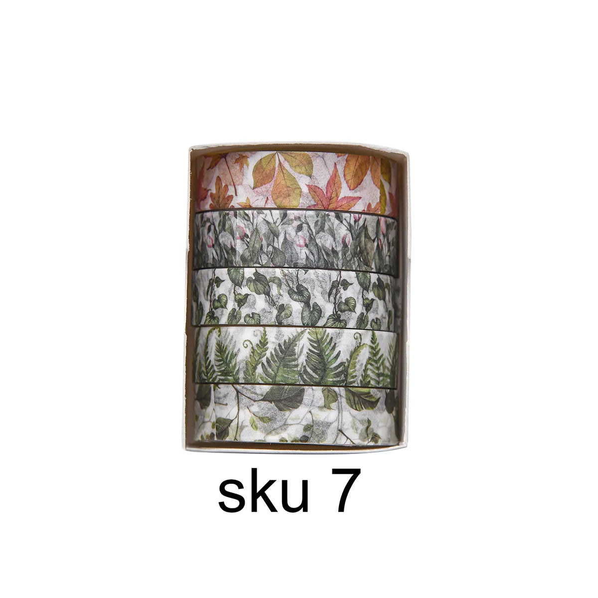A set of five rolls of decorative floral masking tape in various shades and patterns for journals and crafts.
