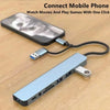 A blue multi-port USB-C hub with a card reader and audio jack connected to a mobile phone cable.