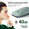 A hand is touching a computer mouse, demonstrating its silent scroll and click feature with a sound level of less than 40dB.