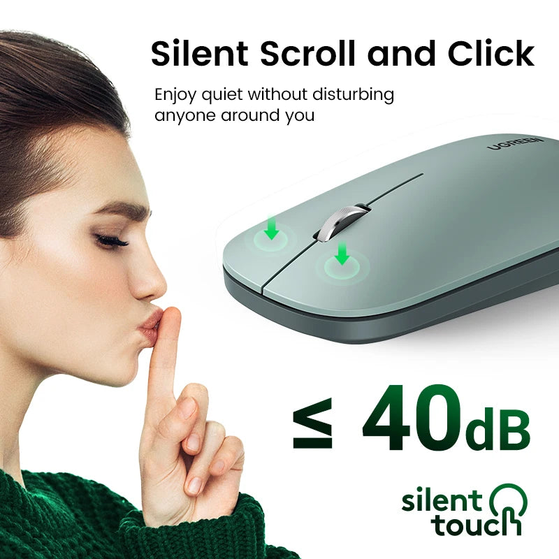 A hand is touching a computer mouse, demonstrating its silent scroll and click feature with a sound level of less than 40dB.