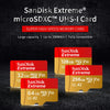 Various SanDisk Extreme microSDXC UHS-I memory cards in red and yellow packaging.