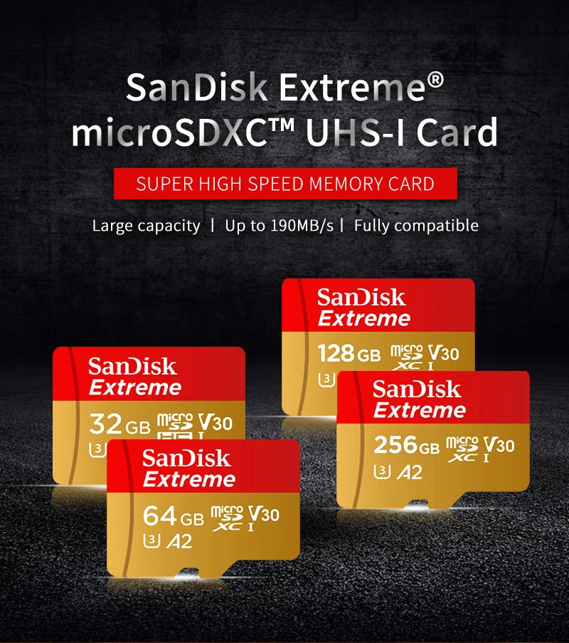 Various SanDisk Extreme microSDXC UHS-I memory cards in red and yellow packaging.