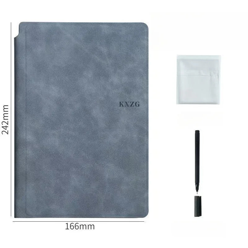 A gray reusable dry erase whiteboard with a planner and cleaning cloth.