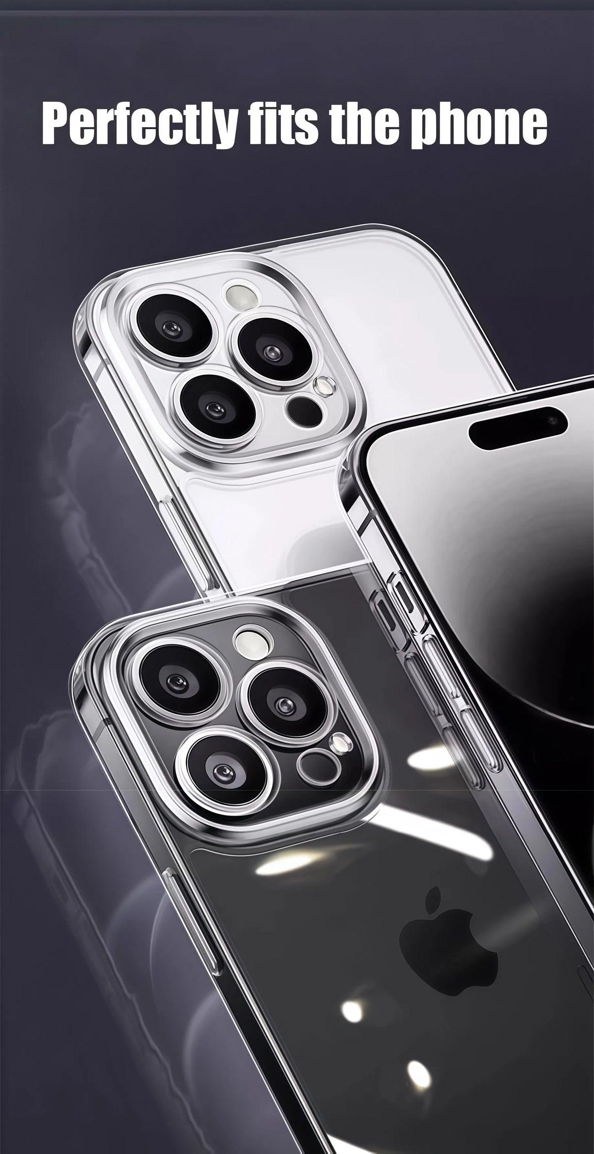 A close-up of a clear silicone phone case fitting perfectly onto an iPhone, demonstrating a shockproof cover.