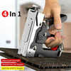 A hand holds a silver and black 4-in-1 manual nailing gun and construction stapler set designed for adjusting strength and sm