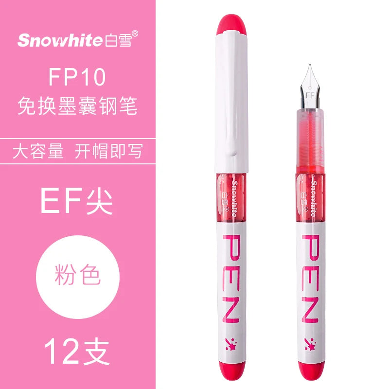 A white fountain pen with a pink barrel and silver tip is shown next to its packaging.