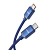 A blue braided nylon USB-C to USB-C fast charging cable with 120W power output.