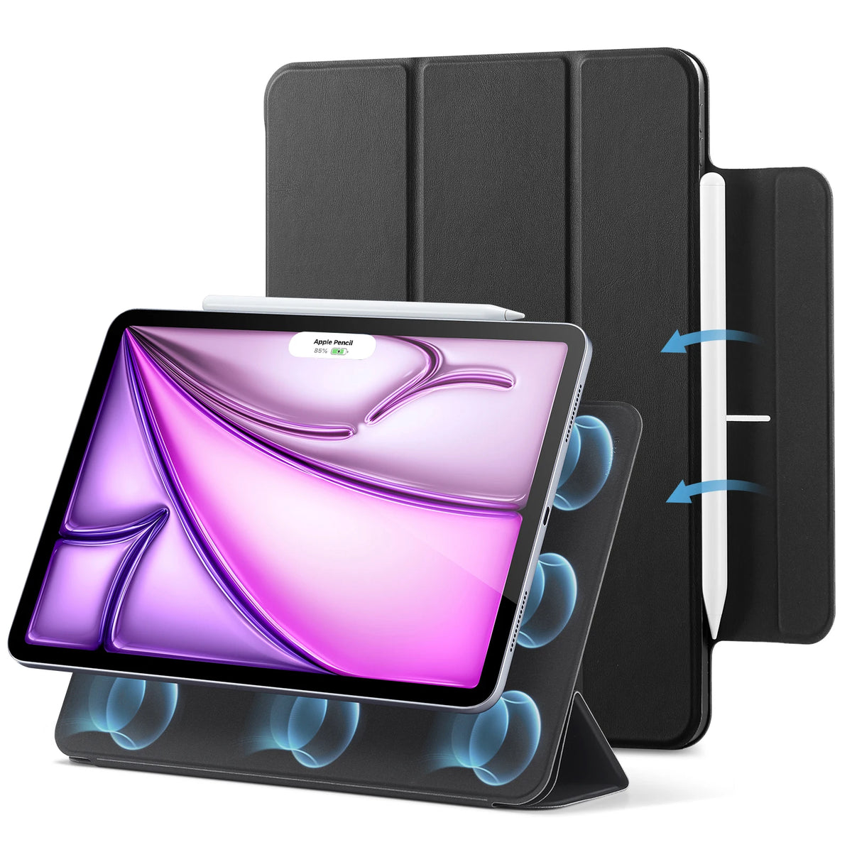 A black magnetic folio case for an iPad Air is shown with a white Apple Pencil inside.