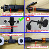 A black selfie stick tripod with a remote control, detachable components, and a built-in light.