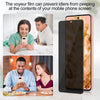A privacy film is shown protecting a mobile phone screen from being viewed by others.