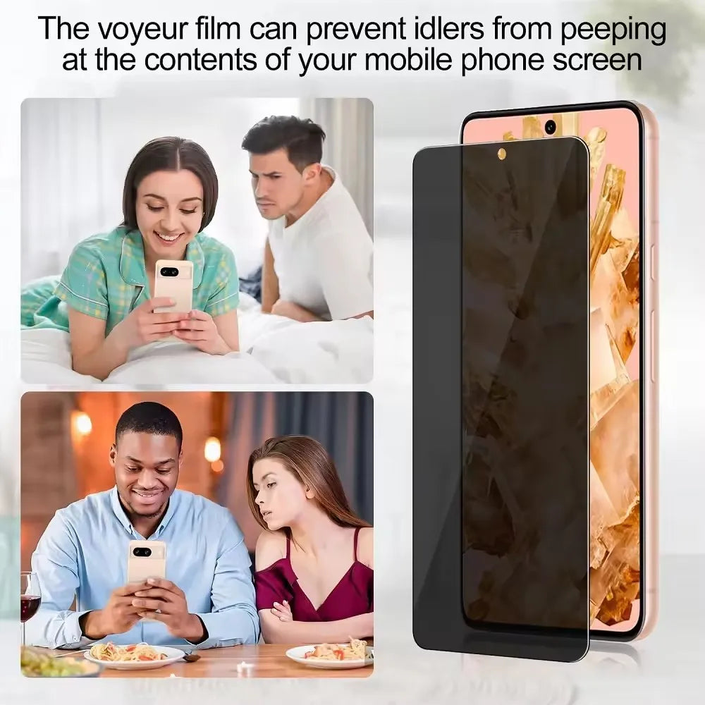A privacy film is shown protecting a mobile phone screen from being viewed by others.