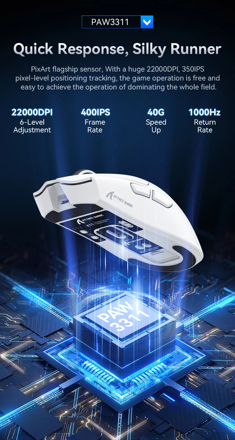A white wireless gaming mouse is shown above a blue circuit board with the model number PAW3311 displayed on it.