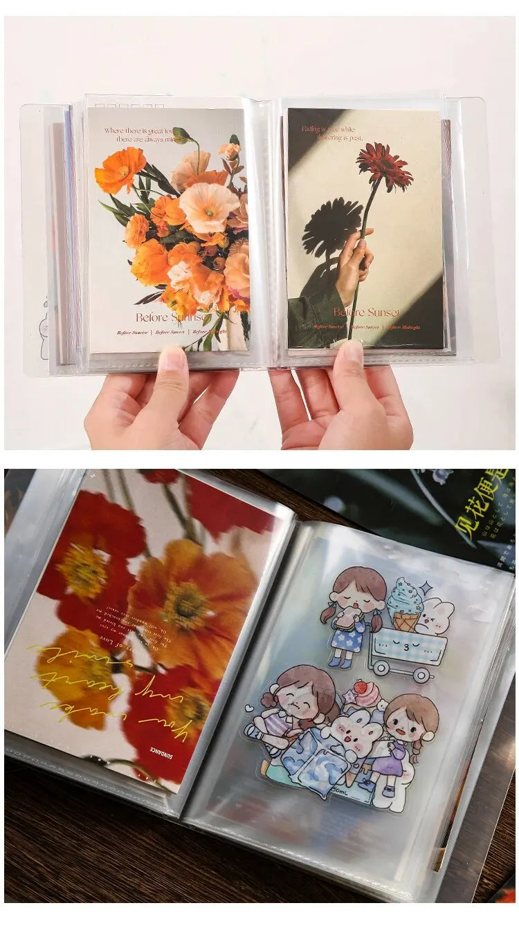A set of clear photo storage booklets featuring floral and nature-themed images.