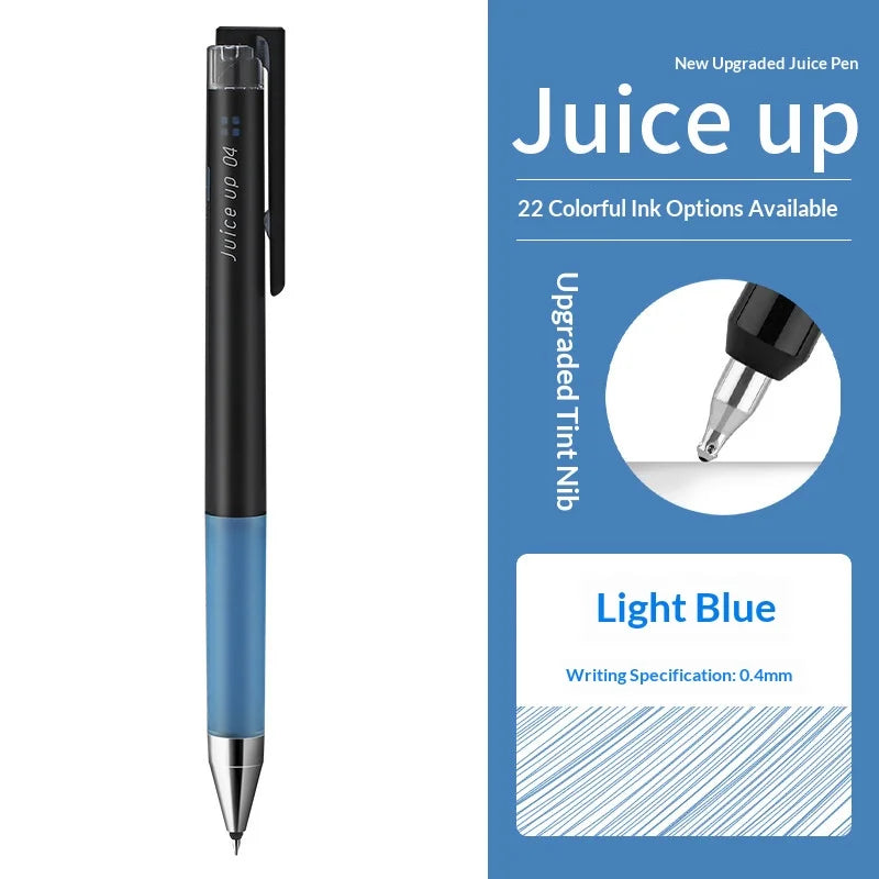 A black and blue Pilot Juice Up fine point gel pen with a light blue barrel and silver tip.