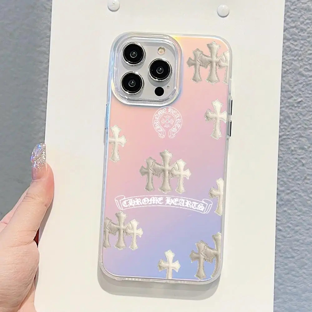 A holographic gradient phone case for an iPhone featuring multiple crosses and a decorative pattern.