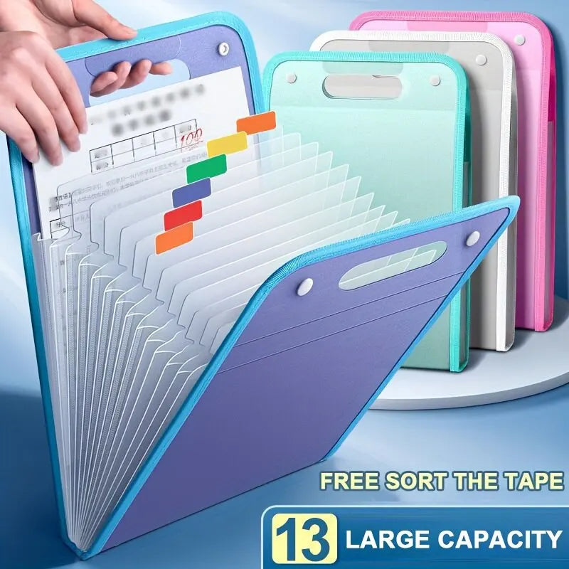 A purple portable accordion document organizer with multiple colored plastic sleeves is shown next to a pink and gray organiz