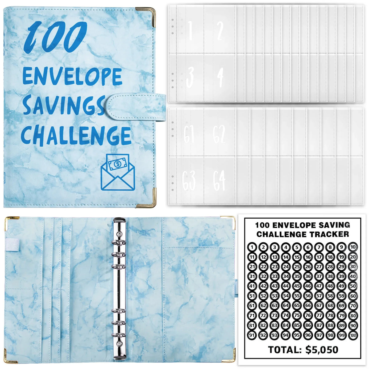 A blue marble budget binder with numbered envelopes and a tracker showing a total of $5,050