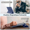A hand holds a blue silicone protective case and stand for an iPad Pro, demonstrating the drawing mode.