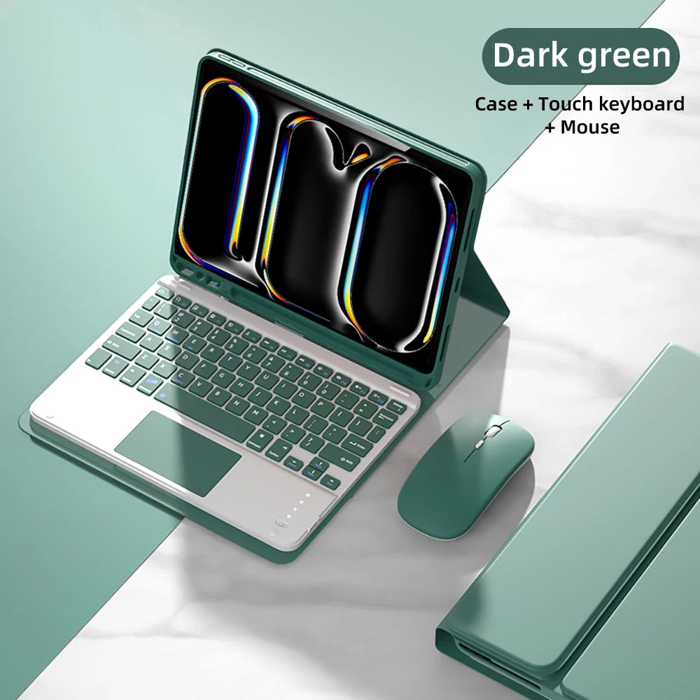 Dark green magnetic keyboard case for an iPad Pro with a touch keyboard and mouse.