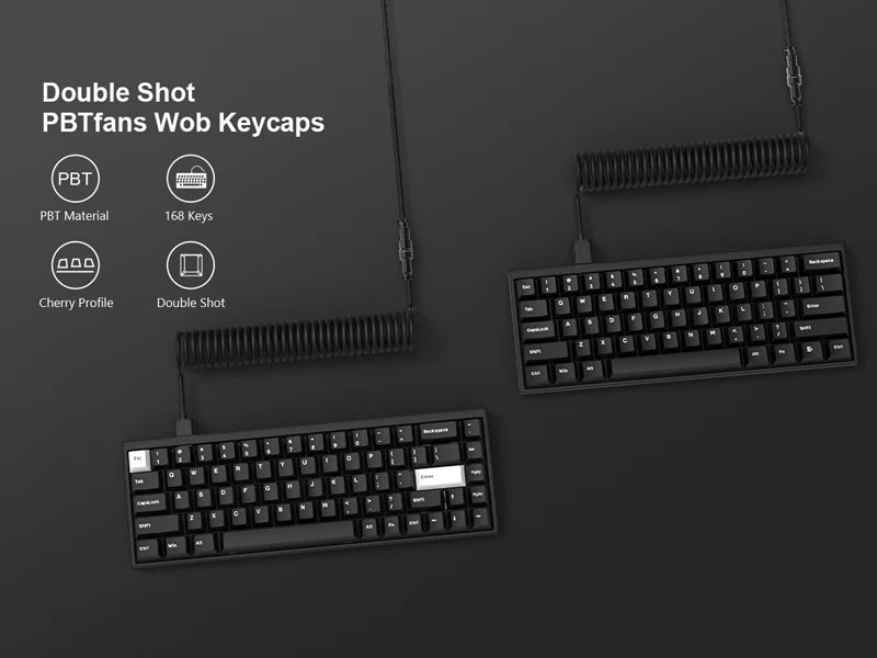 A close-up view of a black 168-key PBT double shot mechanical keyboard with Cherry profile keycaps and a detachable cable.