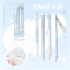 A set of four Angelic gel pens with light blue bodies and silver accents, including a packaging box and a decorative charm.