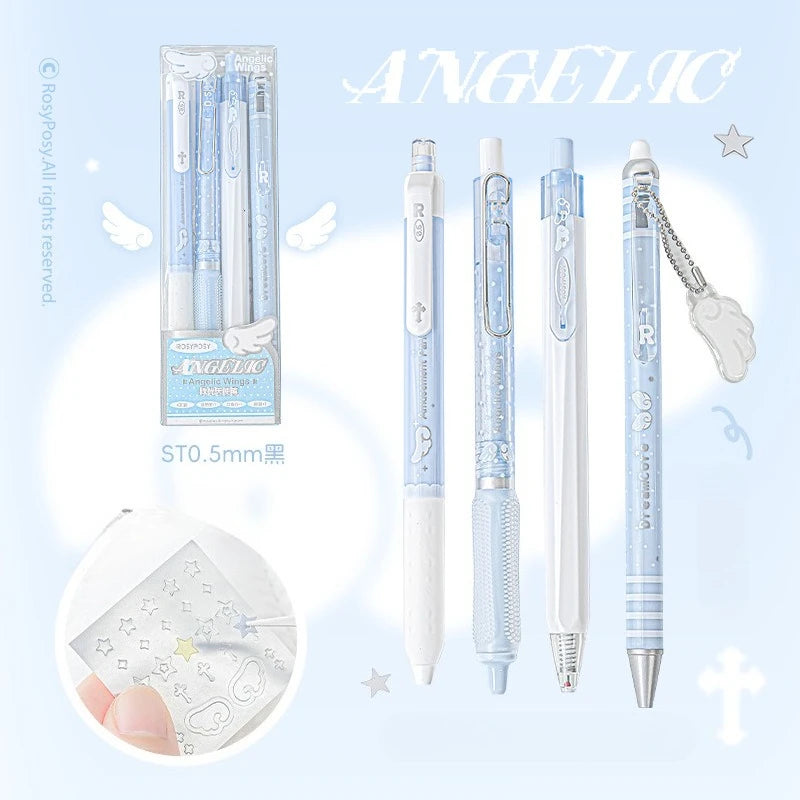 A set of four Angelic gel pens with light blue bodies and silver accents, including a packaging box and a decorative charm.