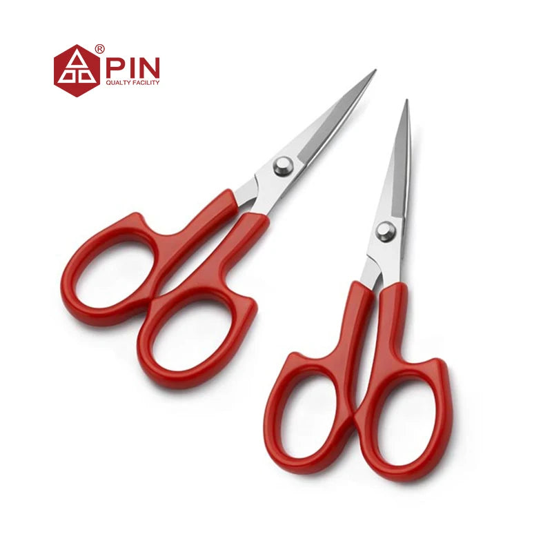 Pair of red and silver stainless steel embroidery scissors shown against a white background.