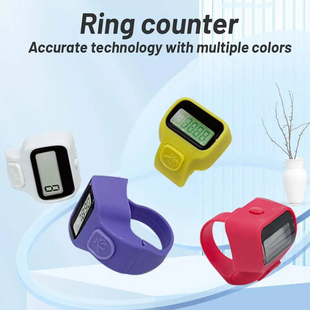 Multiple colored ring counters including white, yellow, purple, and red digital tally devices