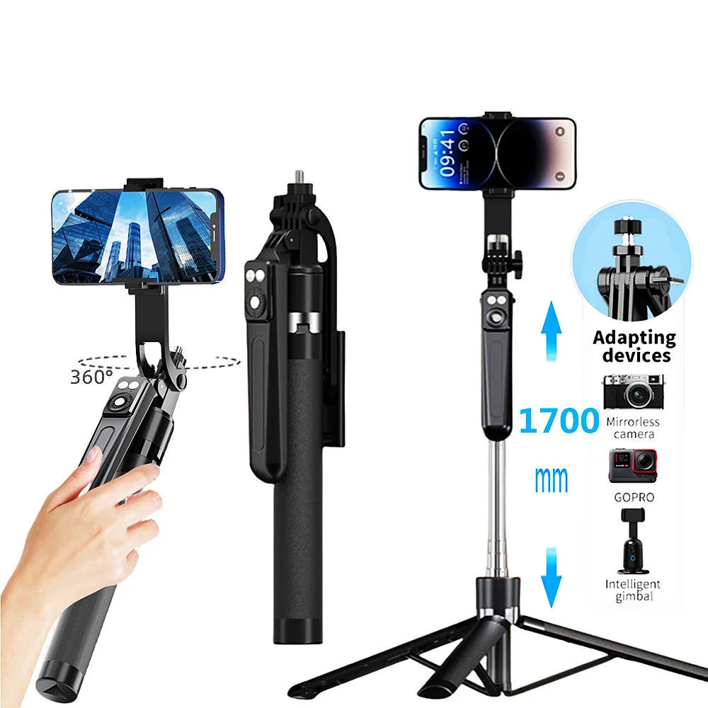 A black 360 degree rotation selfie stick with a smartphone mounted on top and an adjustable gimbal.
