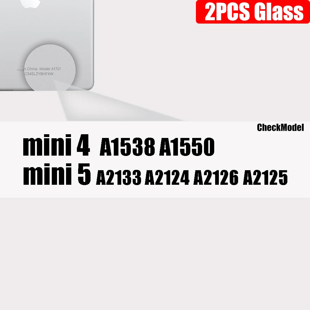 Zwei klare gehärtete Glasbildschirmschutzfolien neben einem Modell für Mini 4 und Mini 5 iPads.