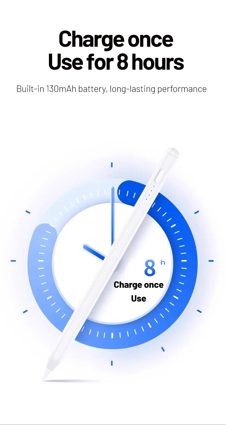 A white capacitive stylus pen is shown next to a circular graphic indicating it can be used for 8 hours on a single charge.