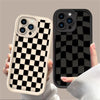 A hand holds a black and white checkered silicone phone case on a smartphone.
