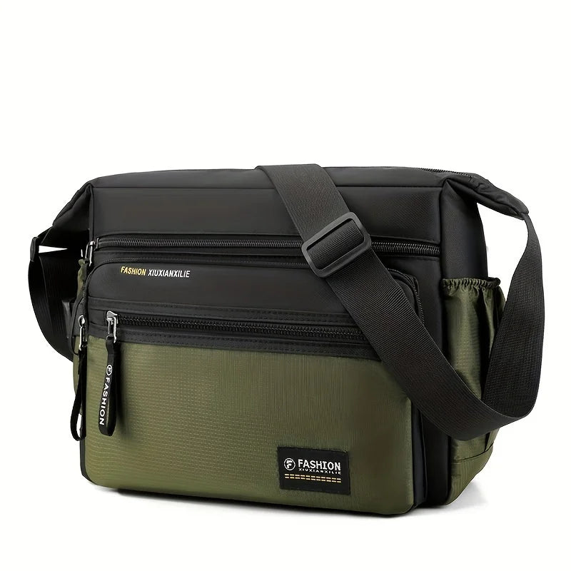 A dark olive green women's multifunctional crossbody bag with black trim and strap.