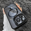 A hand holds a black magnetic shockproof phone case for an iPhone displaying the Apple logo and multiple camera lenses.