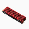 A red aluminum M.2 SSD cooler heatsink with fins and mounting brackets.