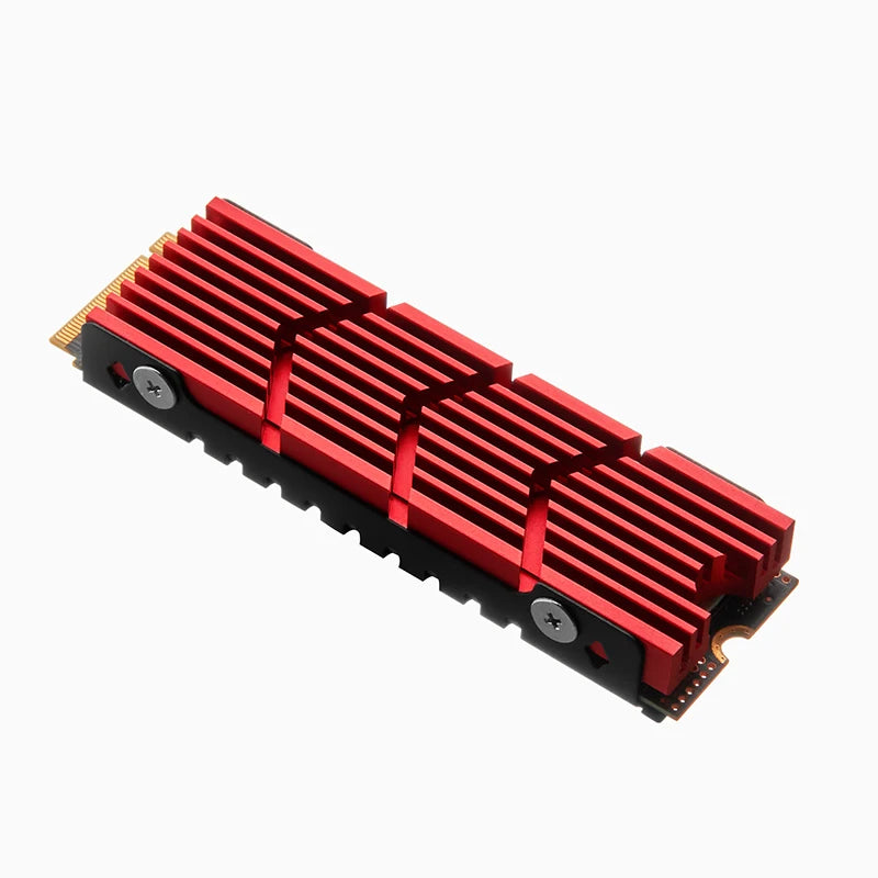 A red aluminum M.2 SSD cooler heatsink with fins and mounting brackets.