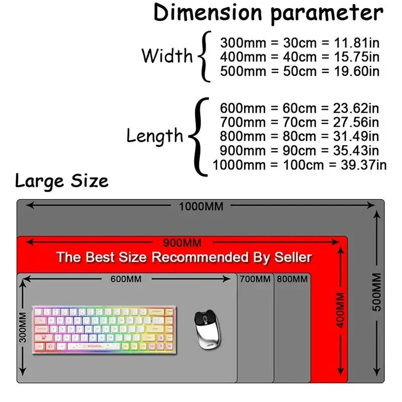 A large gaming mouse pad showing various dimensions for a 1000mm size, with recommended sizes for 600mm, 700mm, and 800mm.