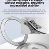 A silver magnetic tablet holder is shown with a circular grip and a square component, demonstrating its stability.