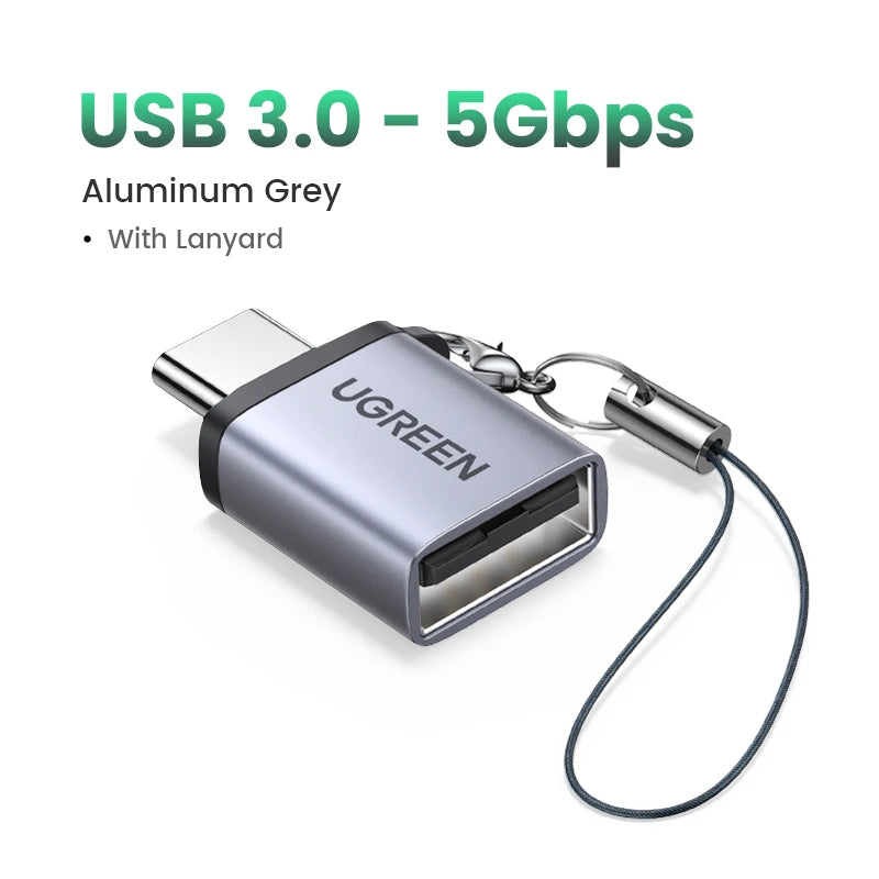 Aluminum grey USB 3.0 to 5Gbps adapter with a lanyard attached