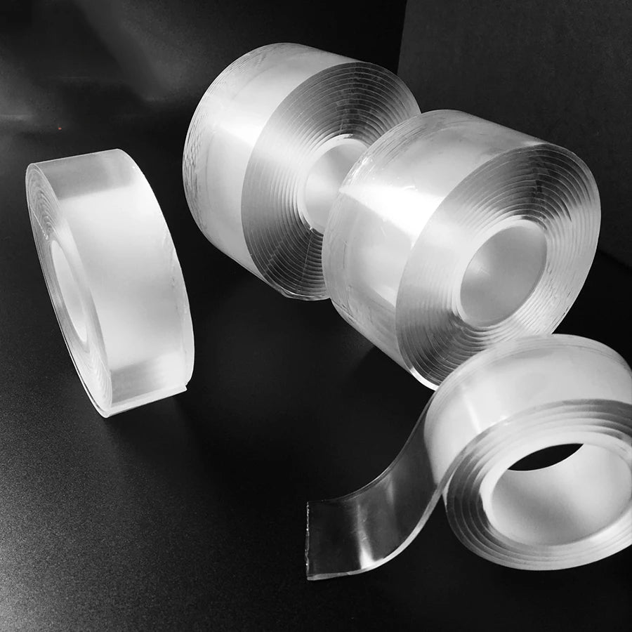 Rolls of clear heavy duty nano double-sided adhesive tape viewed from above
