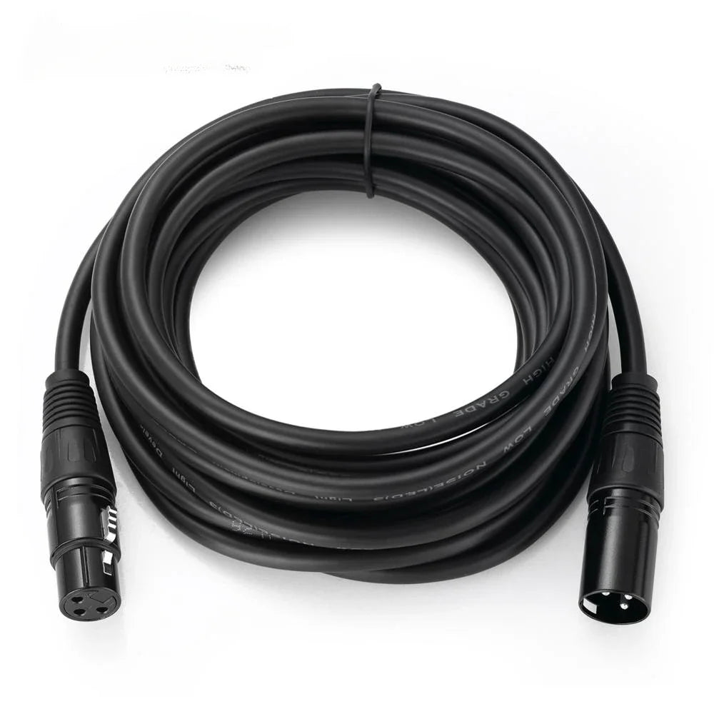 Black shielded XLR audio cable coiled and shown with connectors.