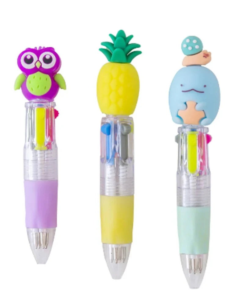 A set of four cute cartoon mini ballpoint pens featuring different colors and designs.
