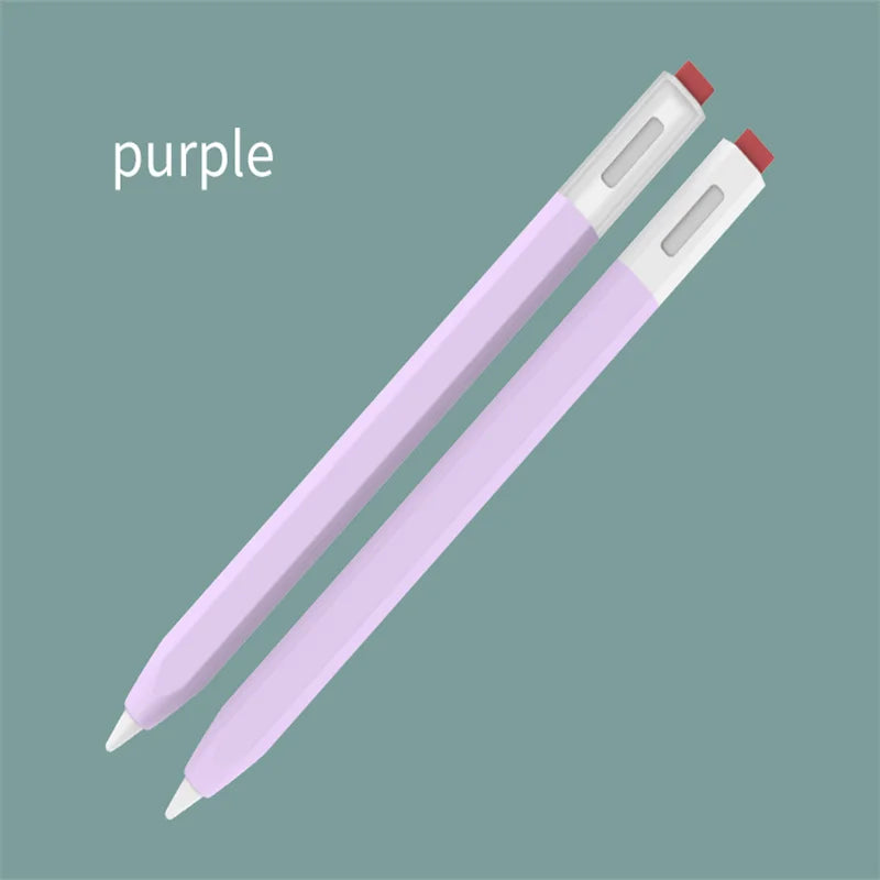 Deux étuis de protection en silicone violet pour stylet Xiaomi, montrés en diagonale sur un fond vert olive.