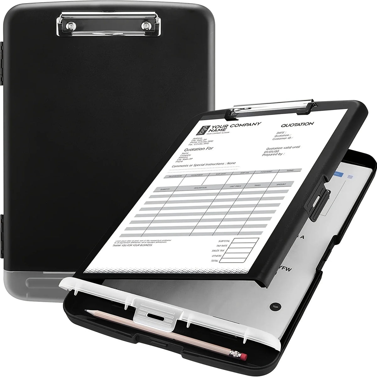 A black A4 waterproof file box with a writing board and pen slot open to display a quotation form.