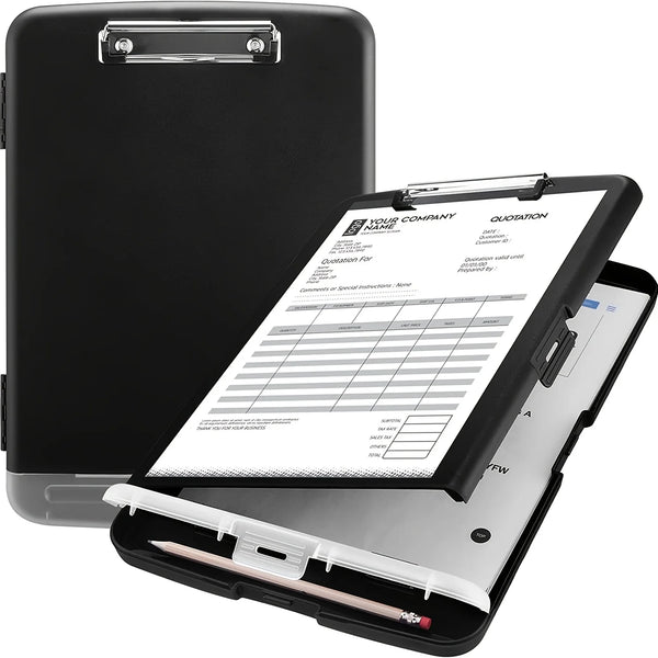 A black A4 waterproof file box with a writing board and pen slot open to display a quotation form.