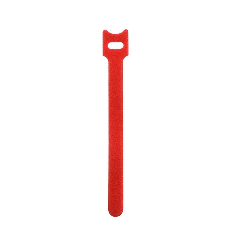A red reusable nylon cable organizer tie with a loop at the top.